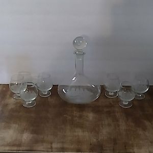 VTG Crystal Etched Clipper Ship Decanter Set